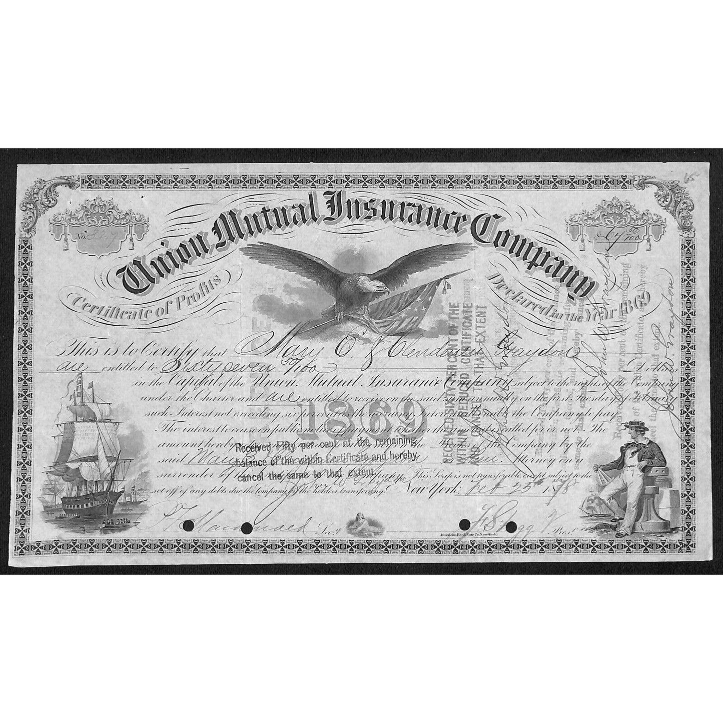Union Mutual Insurance Co. NY 1869 Stock Certificate Mary E. Graydon