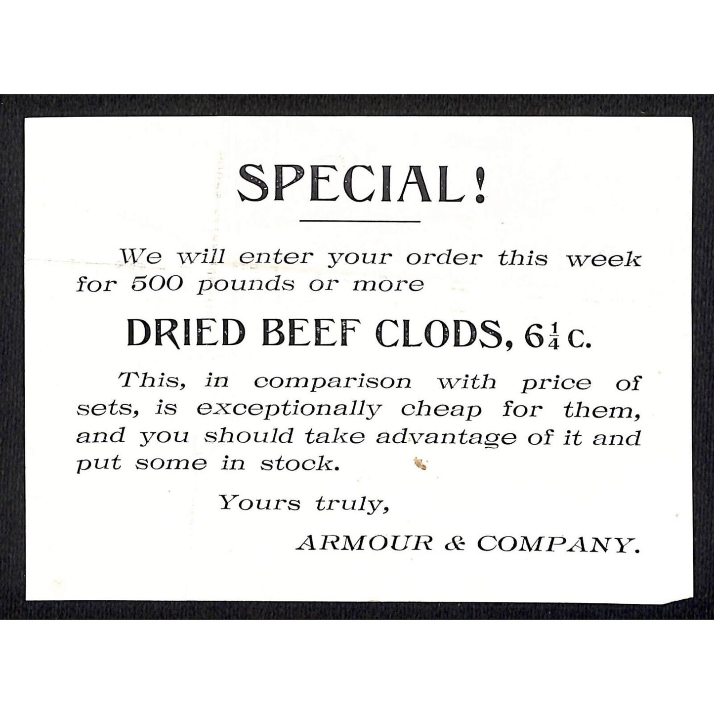 Armour & Company "Dried Beef Clods" Special 500 lbs. or More Adv. Insert c1890