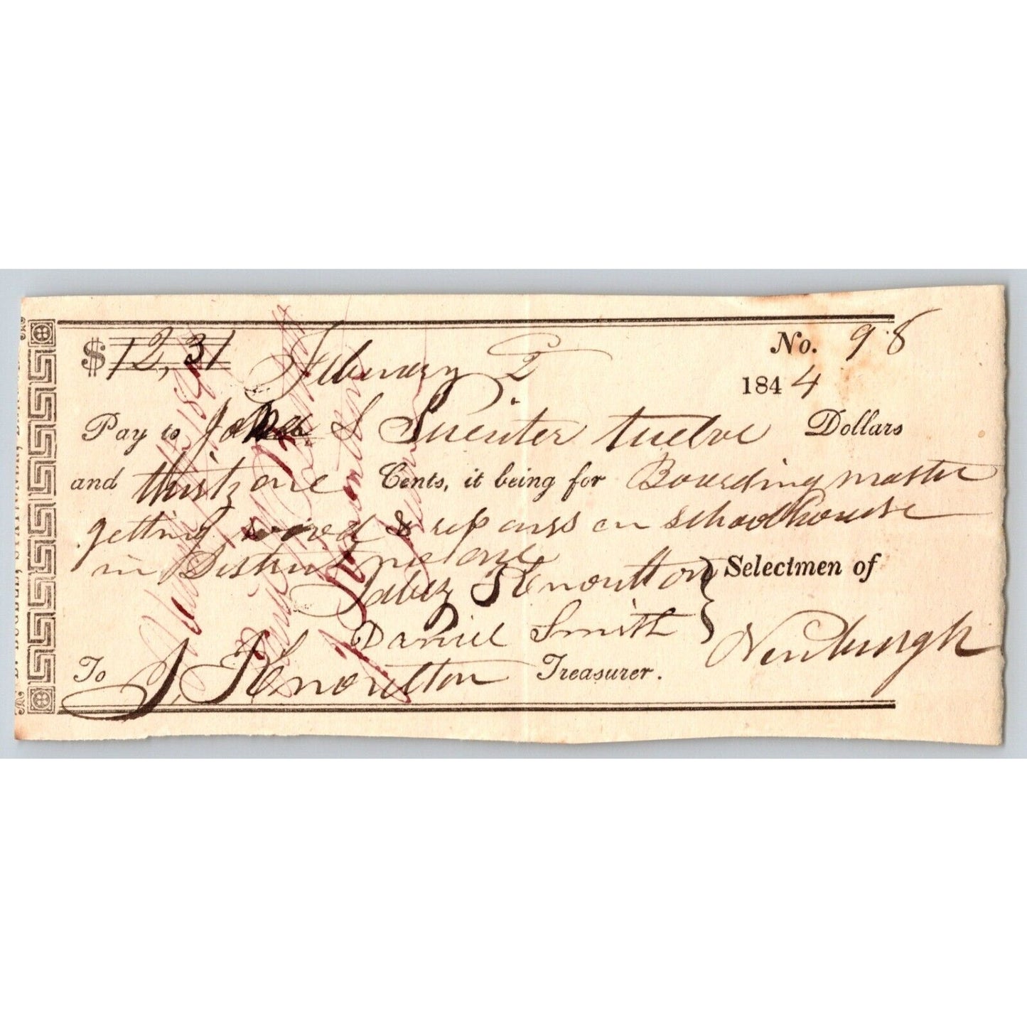 1844 Jabez Knowlton* Newburgh ME Town Check for ..getting wood..