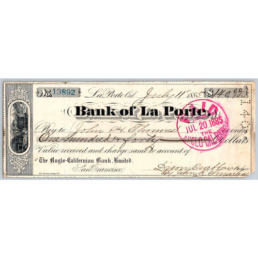 Bank of La Porte Check J.H. Thomas 1885 Mining Vignette #13892