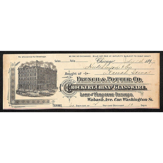 French & Potter Co. Crockery Chicago Hutchinson Decorah IA* Cut 1897 Billhead