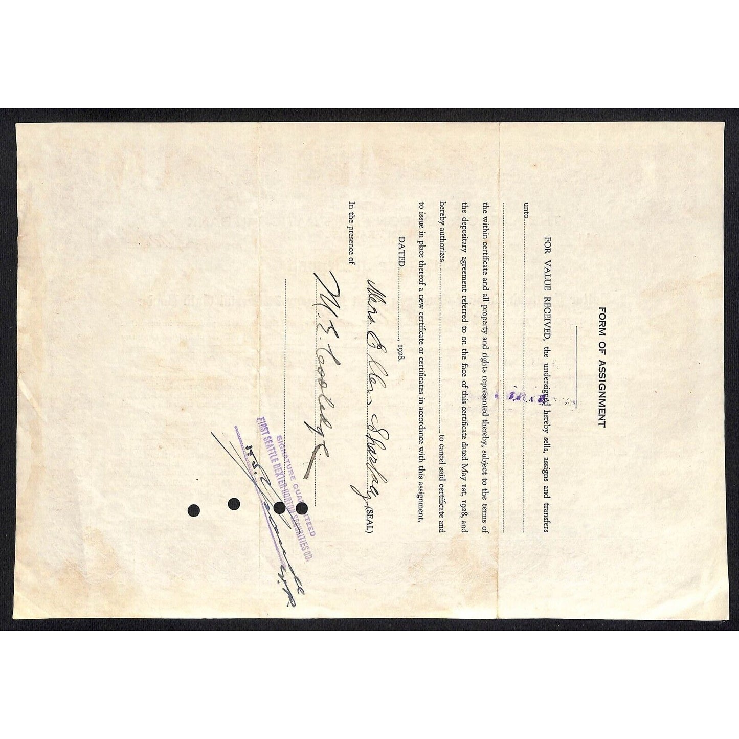 Anglo & London Paris National Bank of S.F. 1928 Certificate Deposit Sharlsey ?