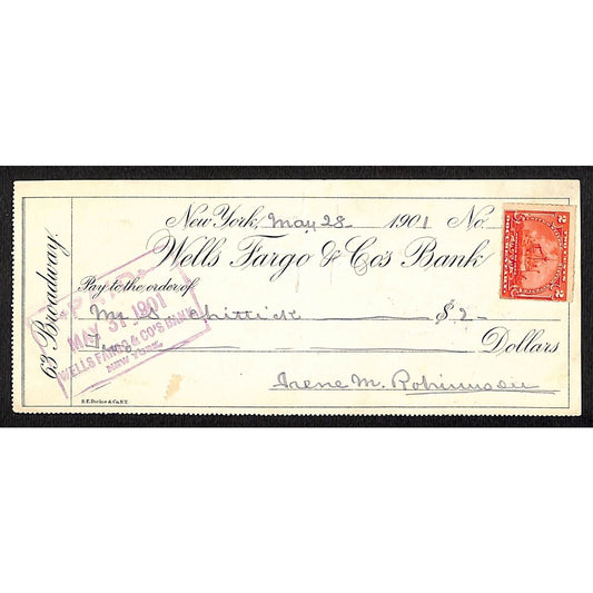 1901 Wells Fargo & Co Bank 63 Broadway NYC Check w/ Rev Stamp to S. Chittick