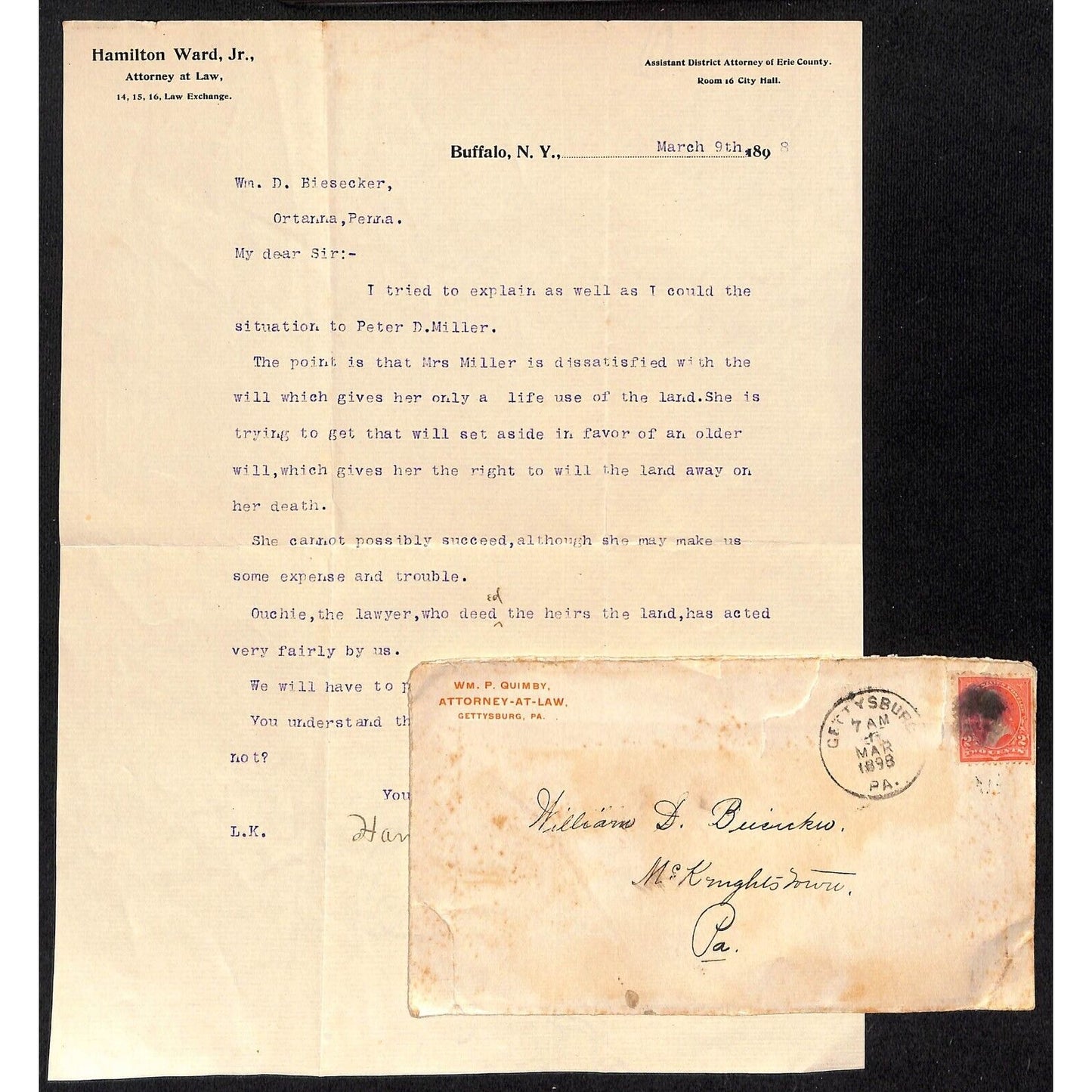 1898 Hamilton Ward Attorney Buffalo, NY TLS "is Dissatisfied With the Will.."