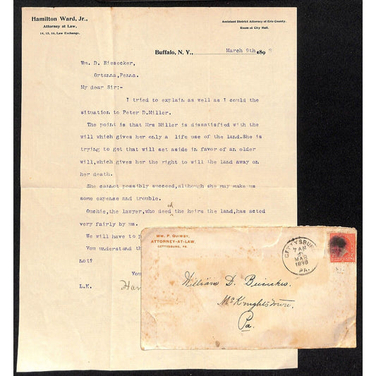1898 Hamilton Ward Attorney Buffalo, NY TLS "is Dissatisfied With the Will.."