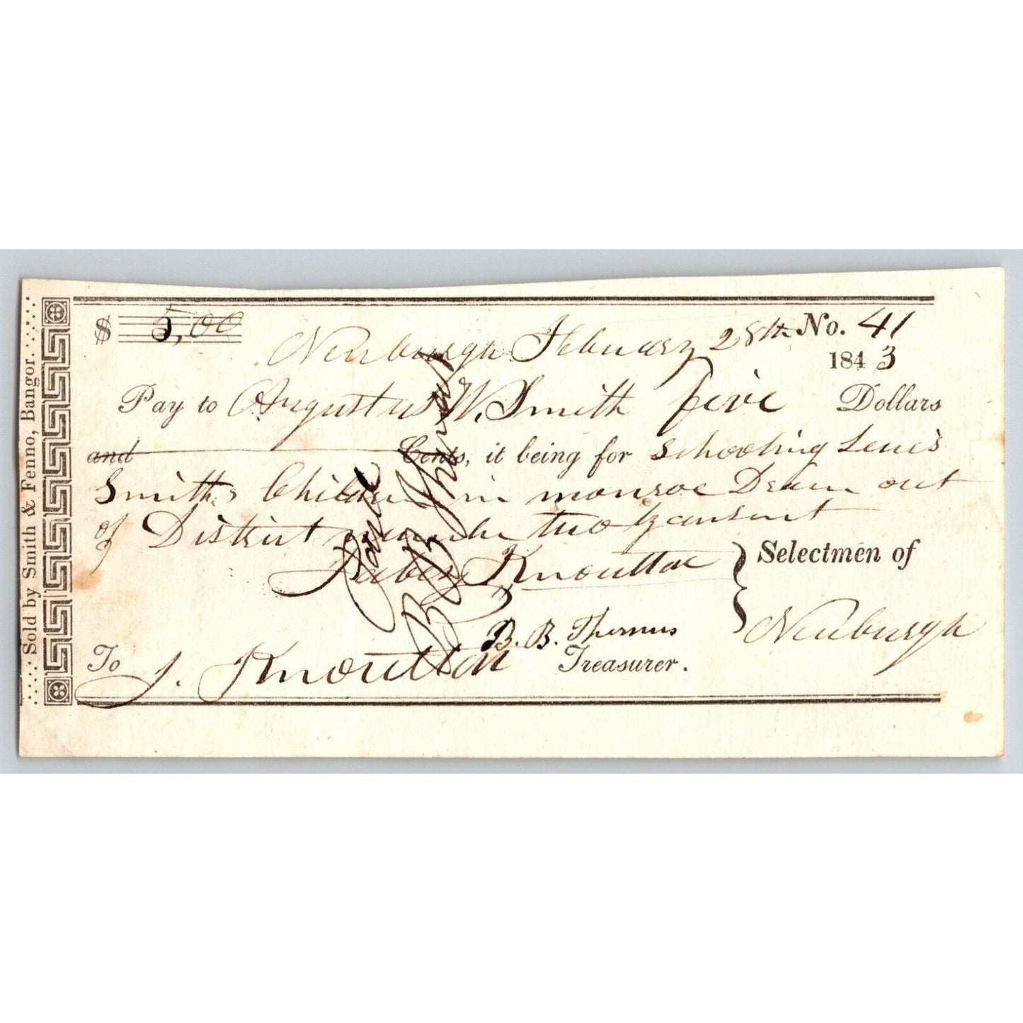 1843 Jabez Knowlton* Newburgh ME Town Check James Thomas Getting Wood for School