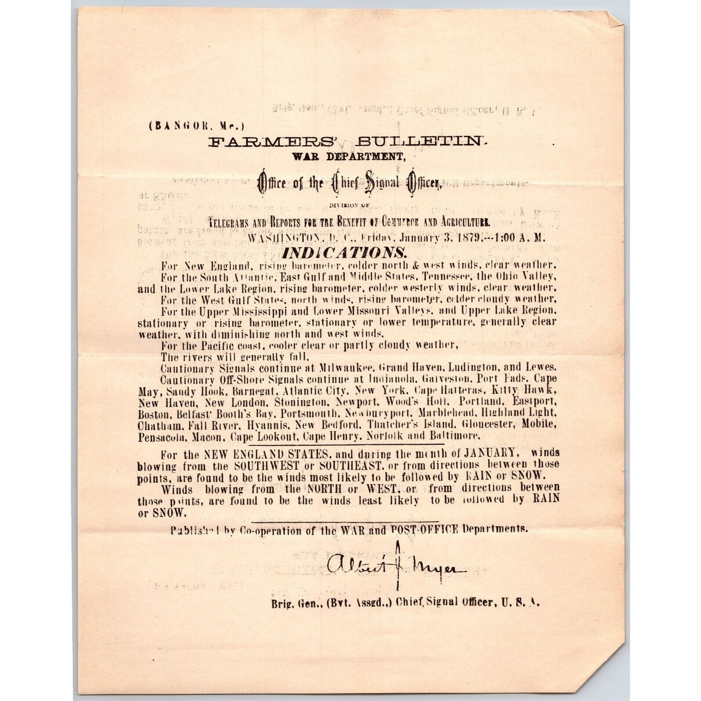 Bangor, ME Chief Signal Office, War Department Farmers' Bulletin Jan. 3, 1879