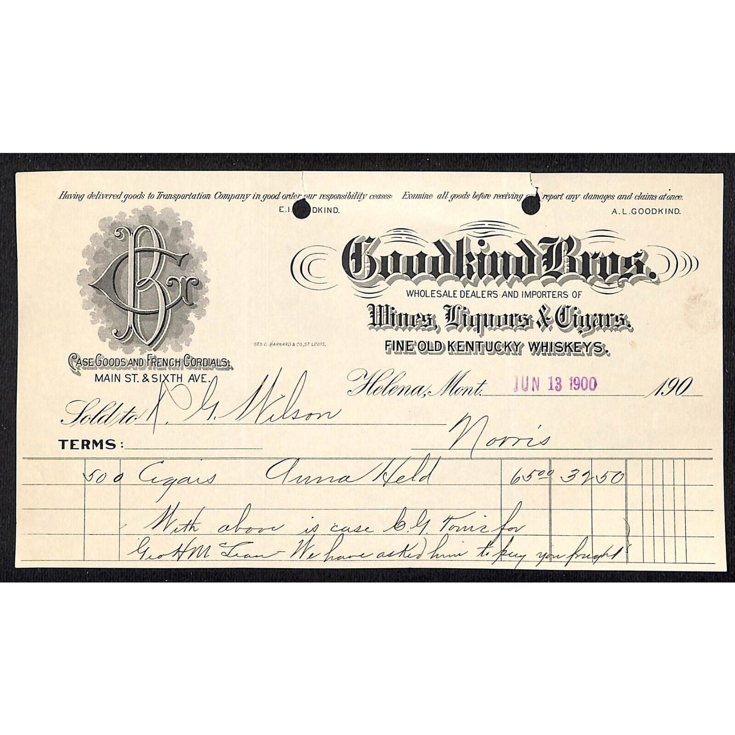Goodkind Bros. Wines Liquors Cigars 1900 Helena, MT Billhead (#3)