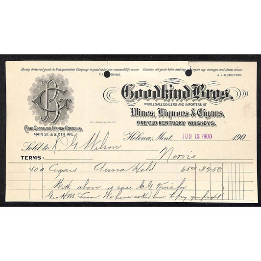 Goodkind Bros. Wines Liquors Cigars 1900 Helena, MT Billhead (#3)