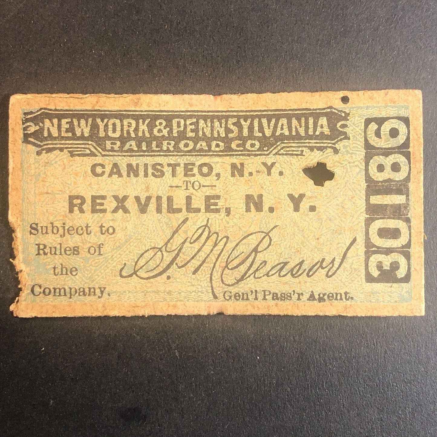 New York & Pennsylvania Railroad July 2 1917 Rexville, NY Ticket #30186