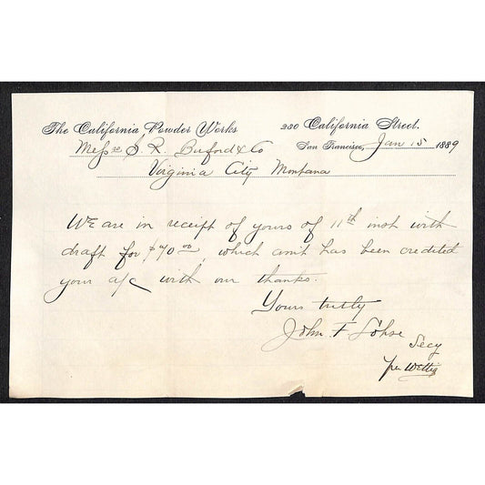 California Powder Works Hercules Dynamite 1/15 1889 ALS Letterhead S.R. Buford*
