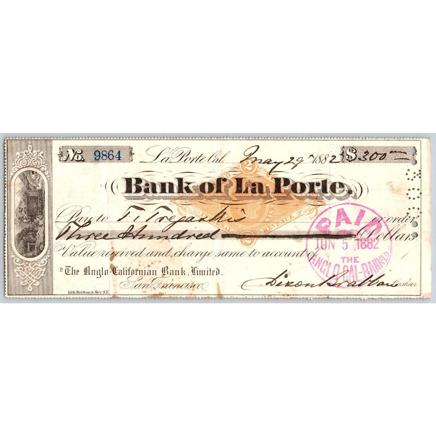Bank of La Porte Check T. Tregasrio ? 1882 Mining Vignette RN-G1 Rev Stamp #9864
