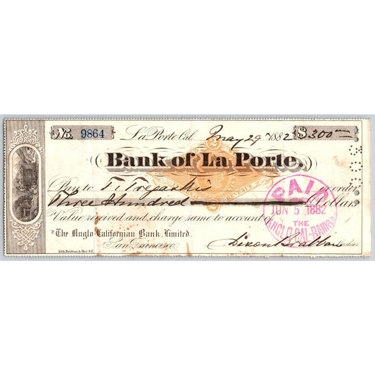 Bank of La Porte Check T. Tregasrio ? 1882 Mining Vignette RN-G1 Rev Stamp #9864