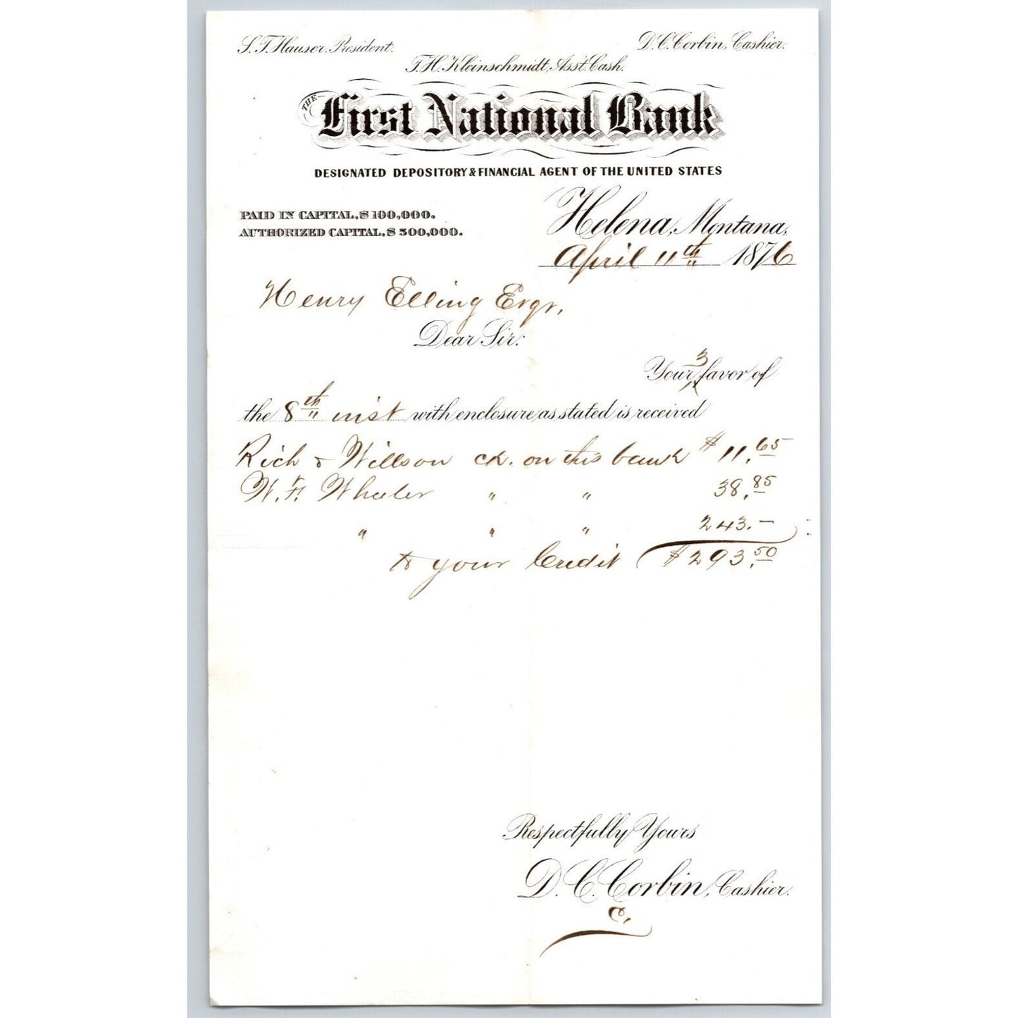 First National Bank Helena, MT 4/11 1876 Payment Advice Henry Elling*