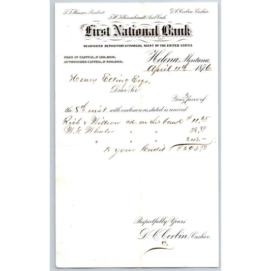 First National Bank Helena, MT 4/11 1876 Payment Advice Henry Elling*