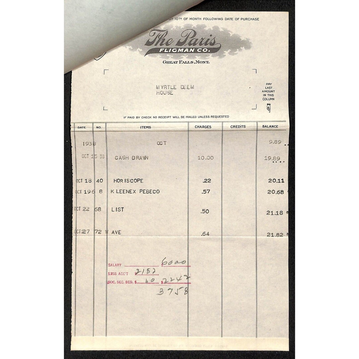Great Falls, MT The Paris Fligman Co. Sept. 1938 2pp. Statement