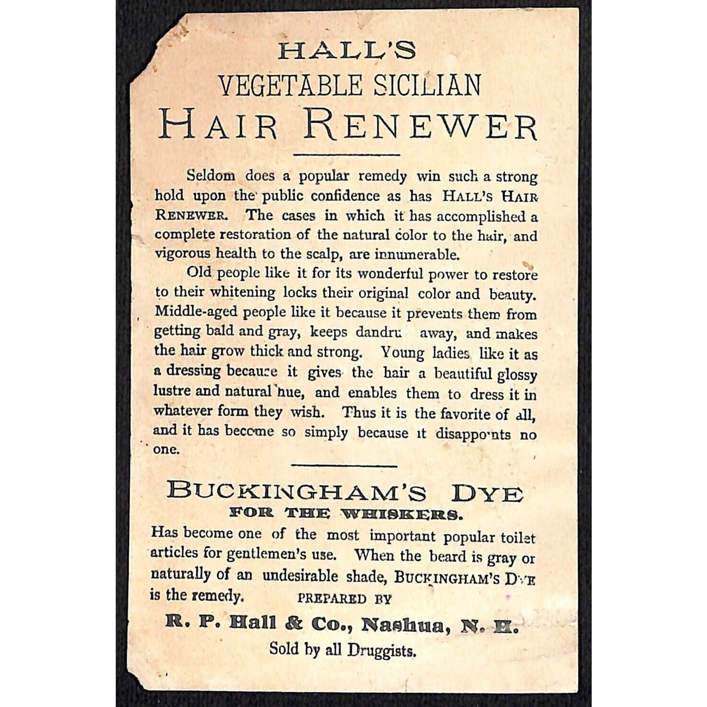 Hall's Vegetable Sicilian Hair Renewer Victorian Trade Card Boy Whispers Secret