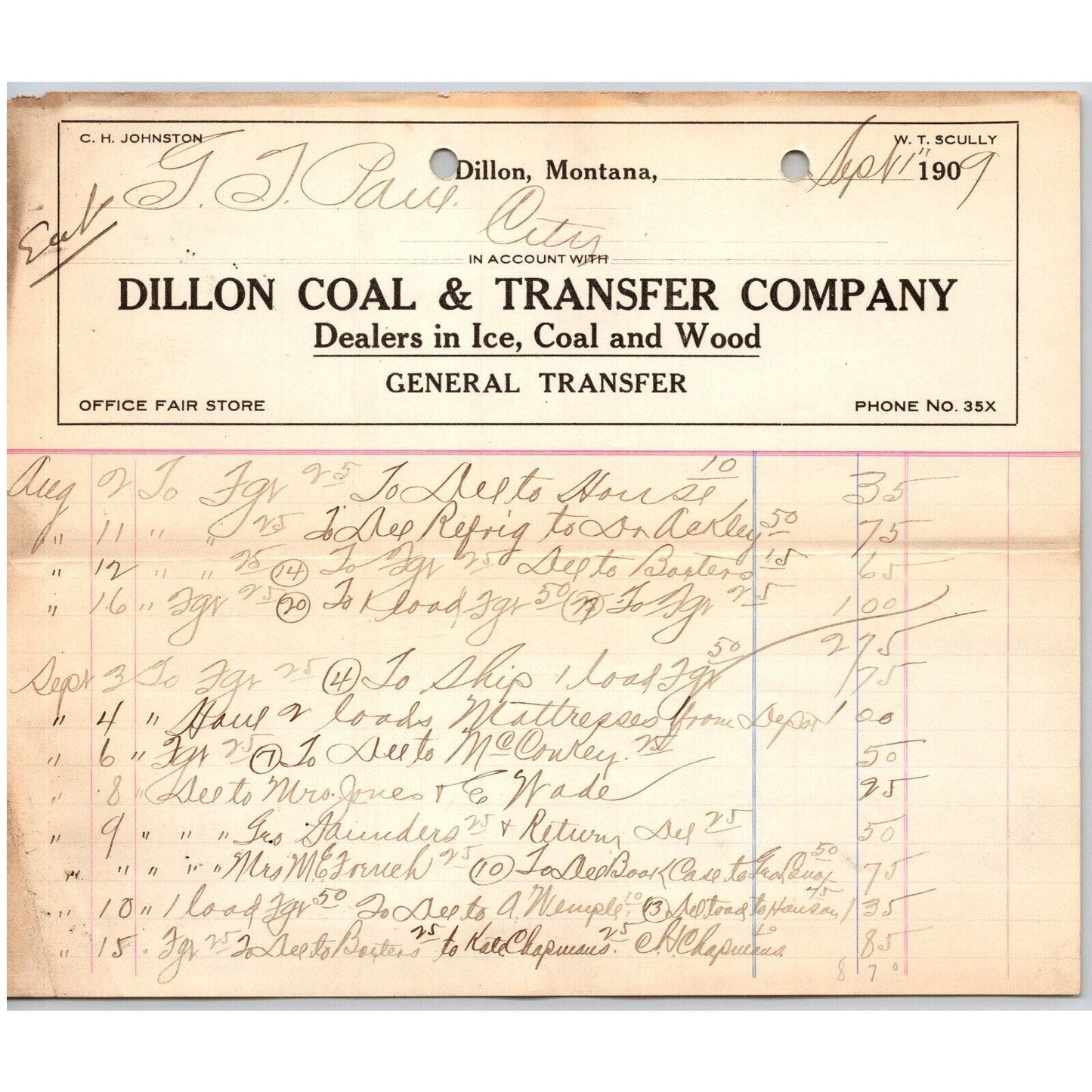 Dillon, MT Dillon Coal & Transfer Co Ice Wood Sept 1909 Billhead G.T. Paul*
