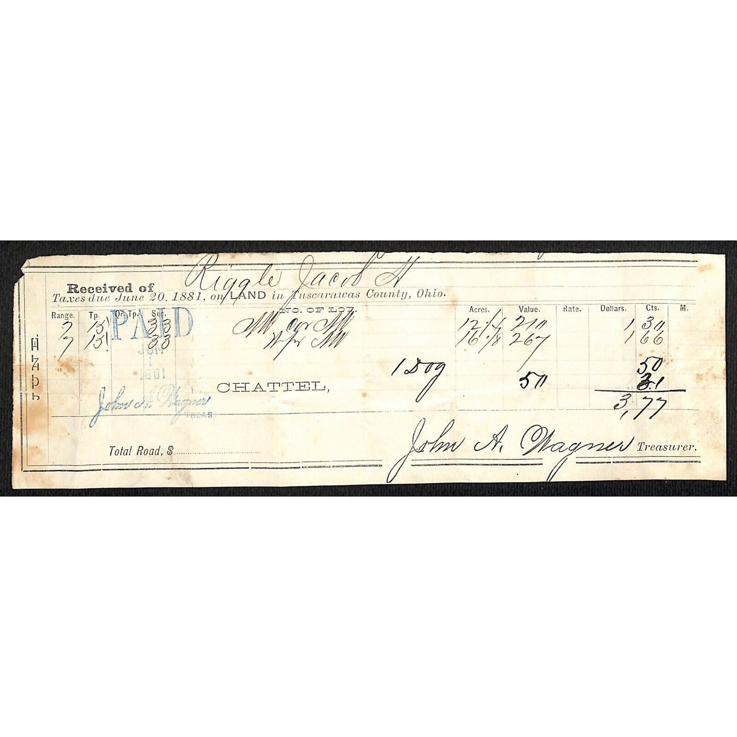 Jacob Riggle 1881 Tuscarawas County, OH Property / Chattel & Dog Tax Receipt