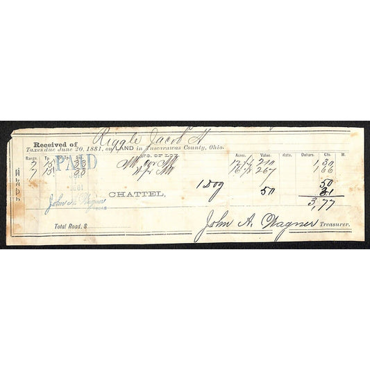 Jacob Riggle 1881 Tuscarawas County, OH Property / Chattel & Dog Tax Receipt
