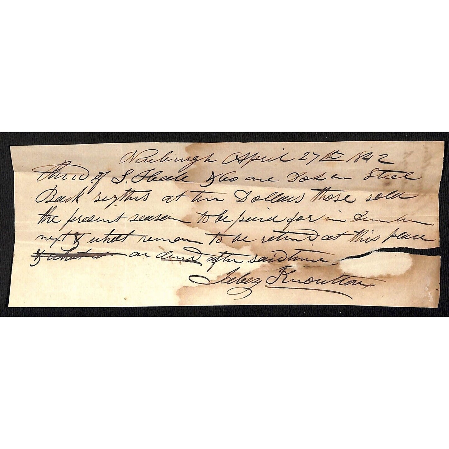 1842 Jabez Knowlton* Newburgh, ME General Store Receipt "Steel Back Scythes"