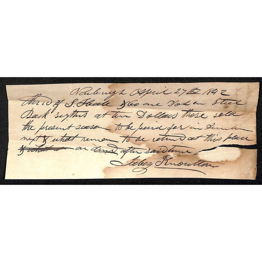 1842 Jabez Knowlton* Newburgh, ME General Store Receipt "Steel Back Scythes"