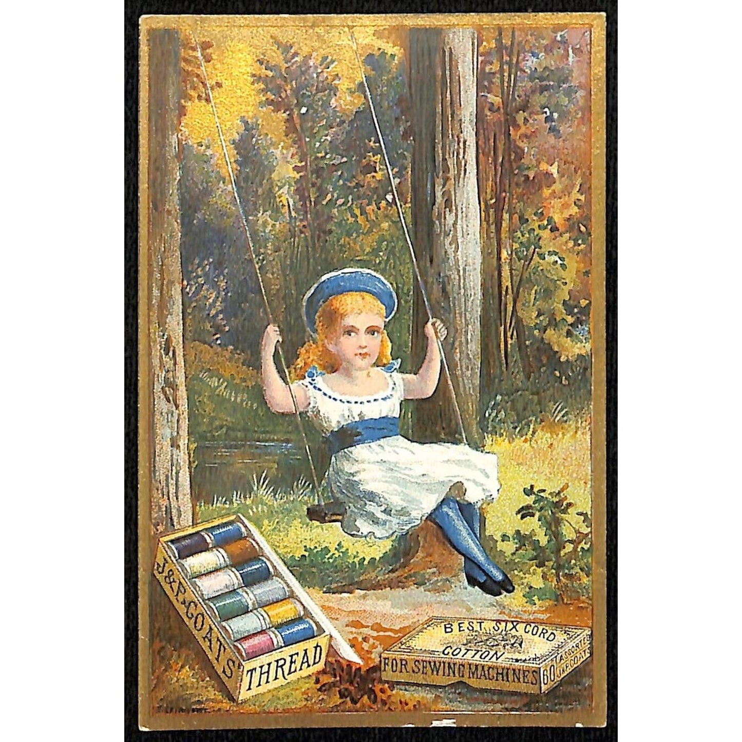J & P Coats Thread Spooler Victorian Trade Card Girl Outdoors on Tree Swing