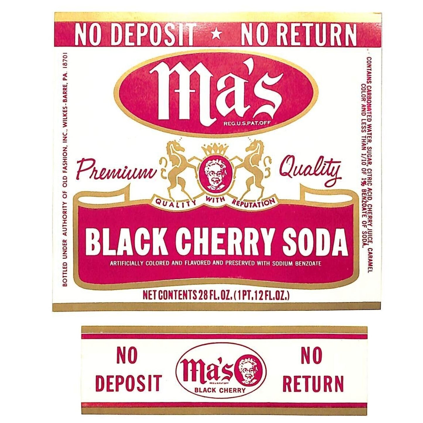Ma's Black Cherry Soda Paper Label Set c1970's-80's