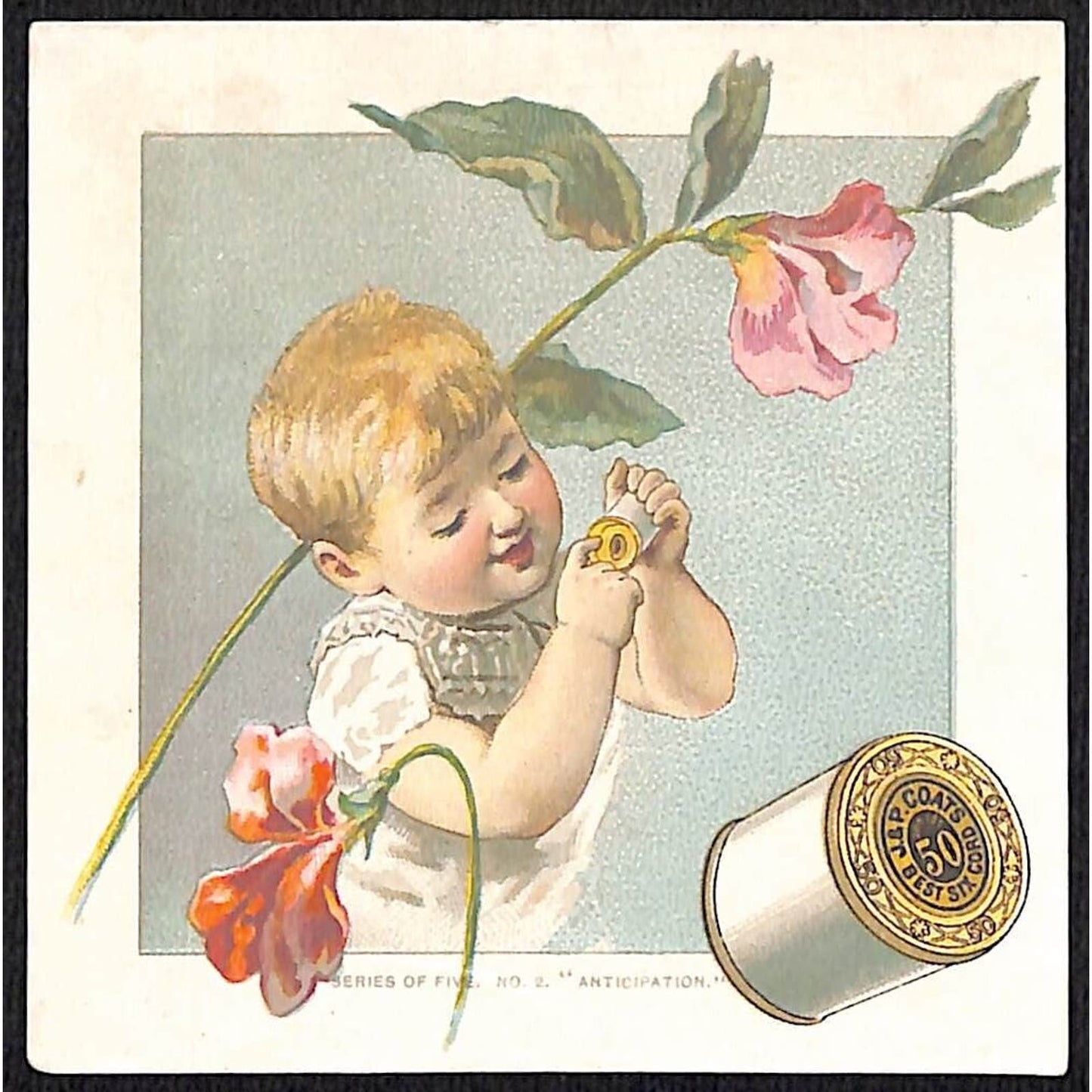 J&P Coats Thread Victorian Trade Card Happy Baby Playing with Product