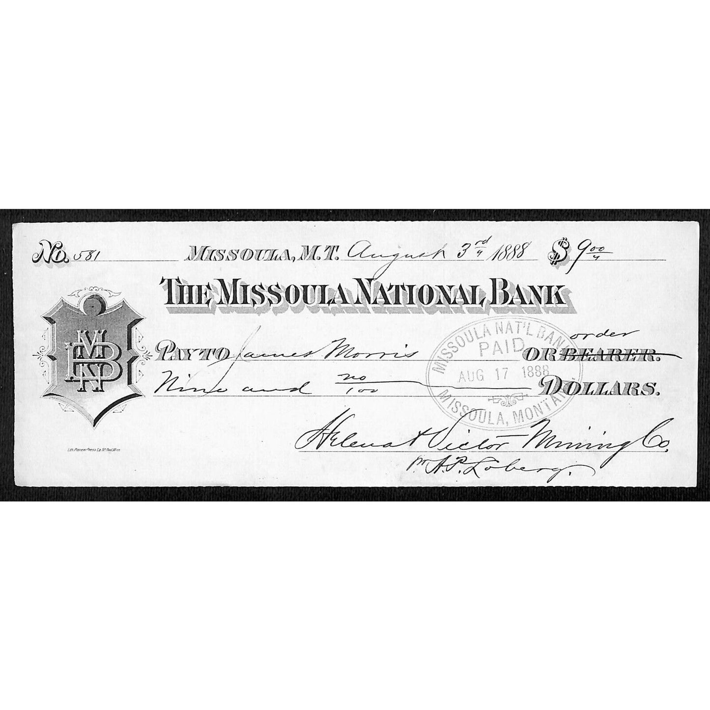 1888 Missoula National Bank Montana Territory Check Helena & Victor Mining #581