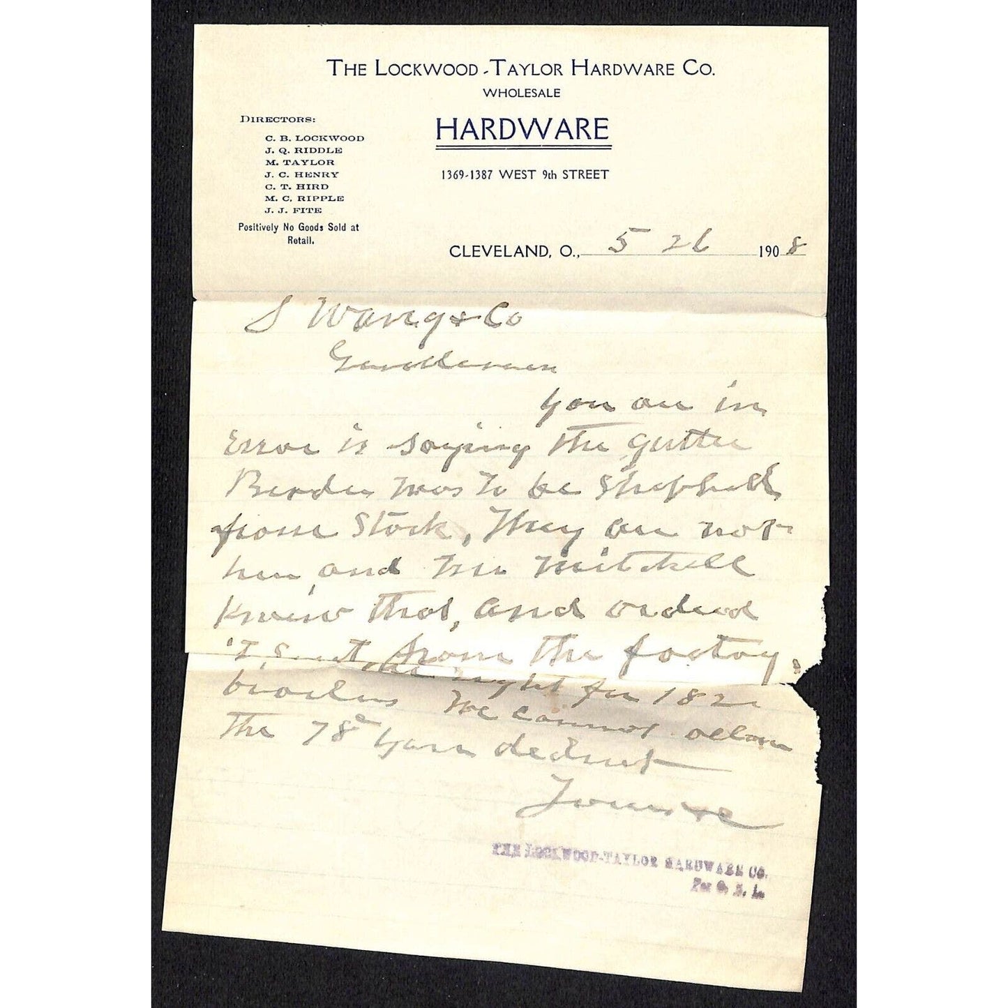 Lockwood-Taylor Hardware Cleveland 1908 ALS Samuel Wang* N. Georgetown, OH