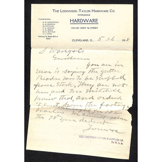 Lockwood-Taylor Hardware Cleveland 1908 ALS Samuel Wang* N. Georgetown, OH