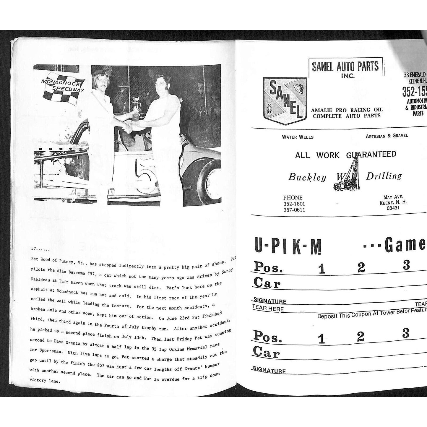 Monadnock Speedway Auto Racing Program Winchester, NH 8/17 1973 14pp* Scarce