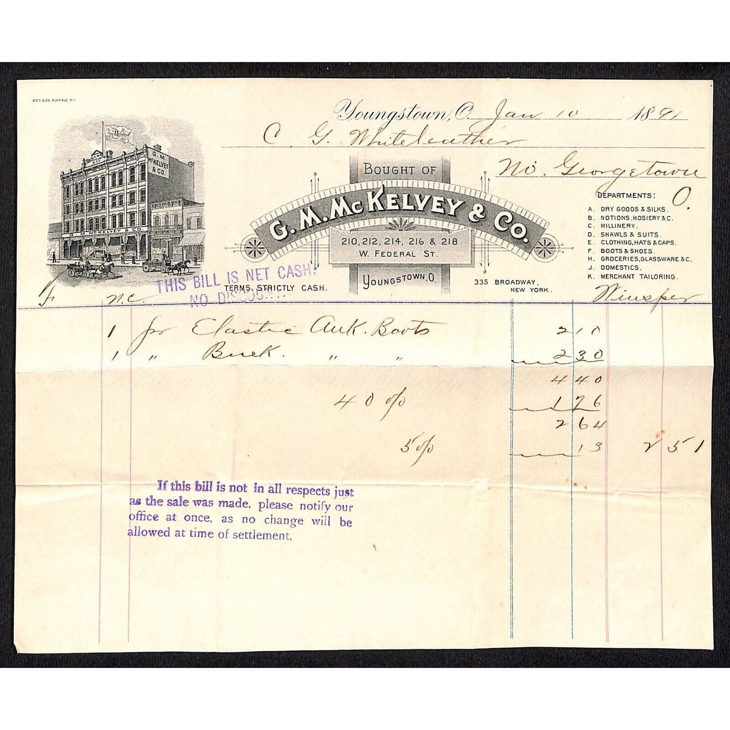 G.M. McKelvey & Co. Broadway NYC 1891 Billhead Whiteleather* N. Georgetown, OH