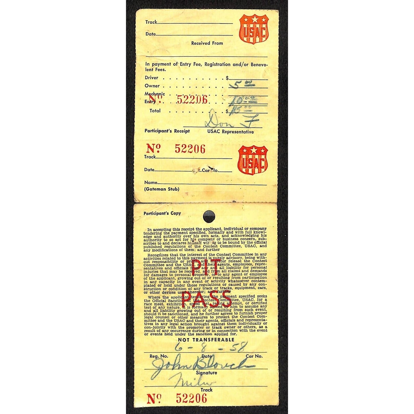 1958 USAC Pit Pass & Receipt Signed John Blough (Owner / Mechanic) 6/8 Scarce