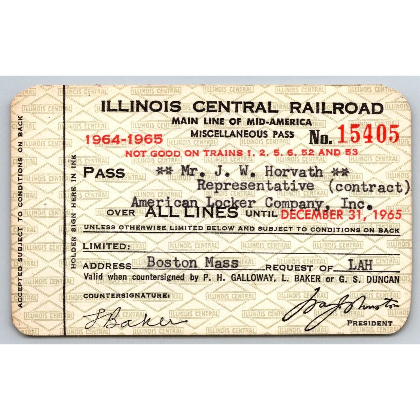 Illinois Central Railroad 1964-65 Yearly Train Pass #15405