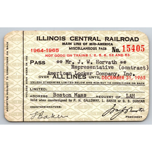 Illinois Central Railroad 1964-65 Yearly Train Pass #15405