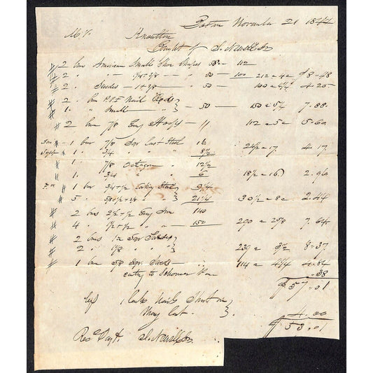 1844 Jabez Knowlton* Newburgh, ME Bought of I. Newel ? l Boston Billhead