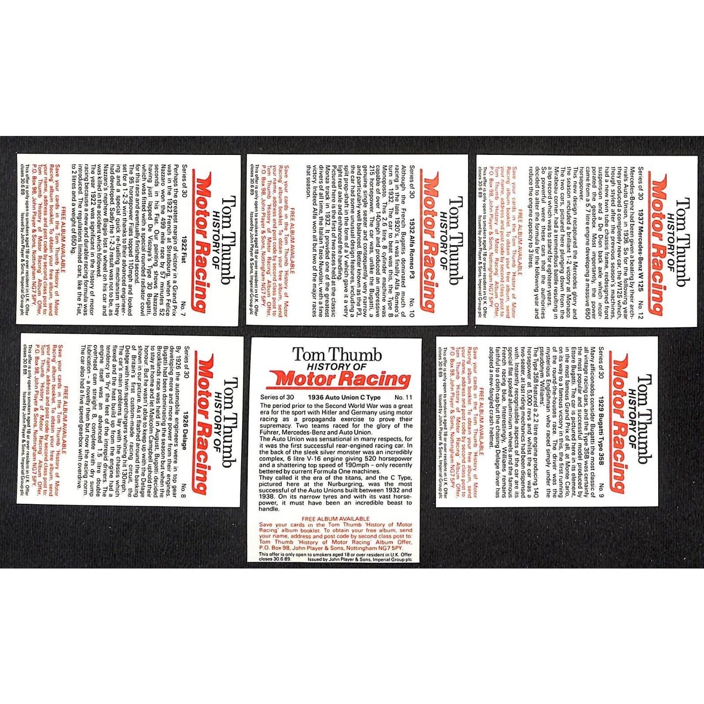 Group of 6 c1989 UK Tom Thumb / John Player & Sons Auto Racing Cards
