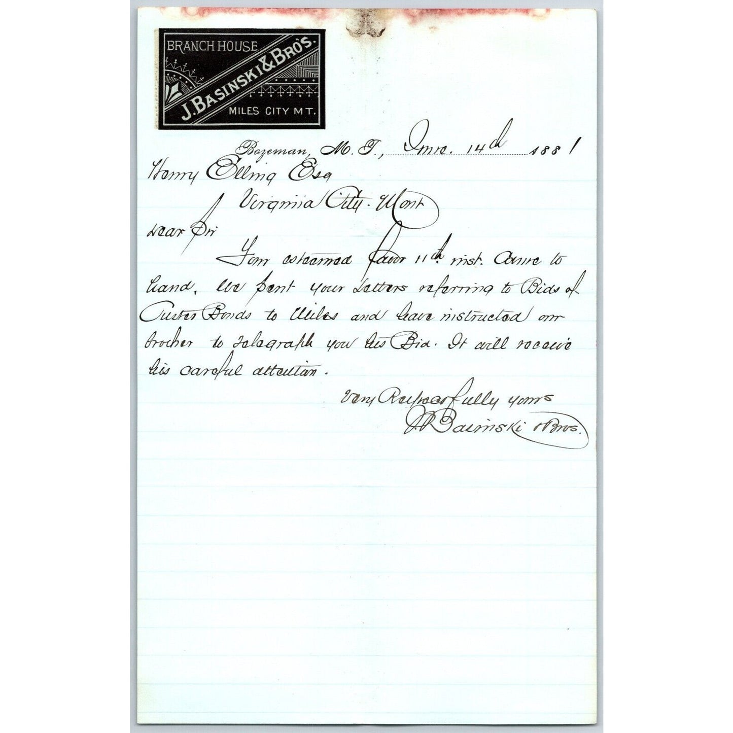 J. Basinski & Bros. Bozeman, MT (Dry Goods) 6/14 1881 Letterhead Henry Elling*