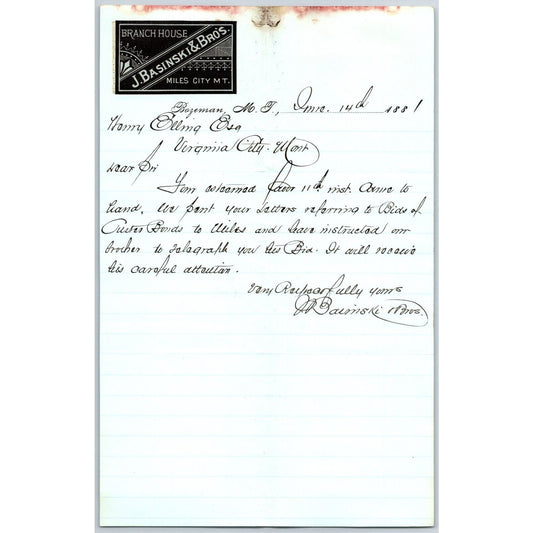 J. Basinski & Bros. Bozeman, MT (Dry Goods) 6/14 1881 Letterhead Henry Elling*