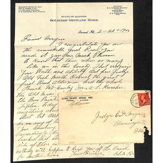 Illinois Soldier's Orphans' Home 1903 ALS Letterhead re: Congrats & Gossip