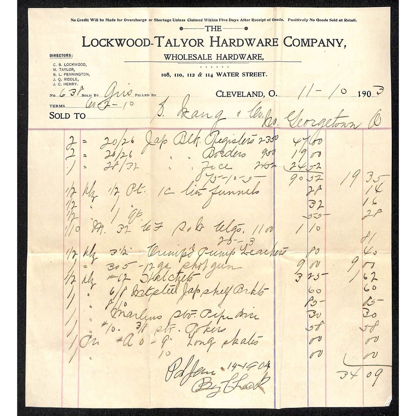 Lockwood-Taylor Hardware Samuel Wang Co* N. Georgetown 1903 Billhead & Cover