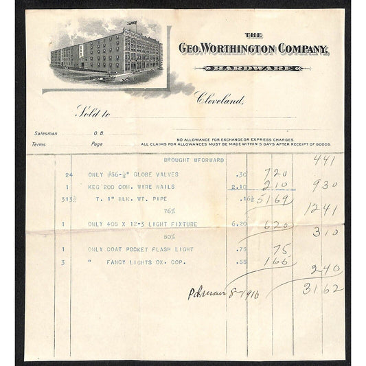 Geo Worthington Co. Hardware 1910 Billhead w/ Typed Item List