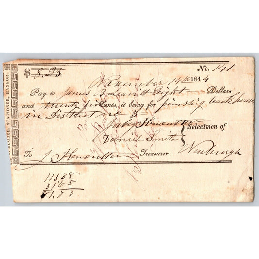 1844 Jabez Knowlton* Newburgh ME Town Check to James B. Leavitt