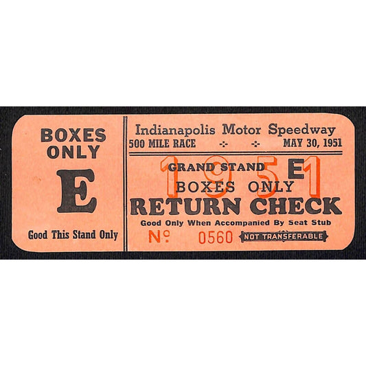 1951 Indy 500 Ticket / IMS 500 Mile Sweepstakes Return Check VGC