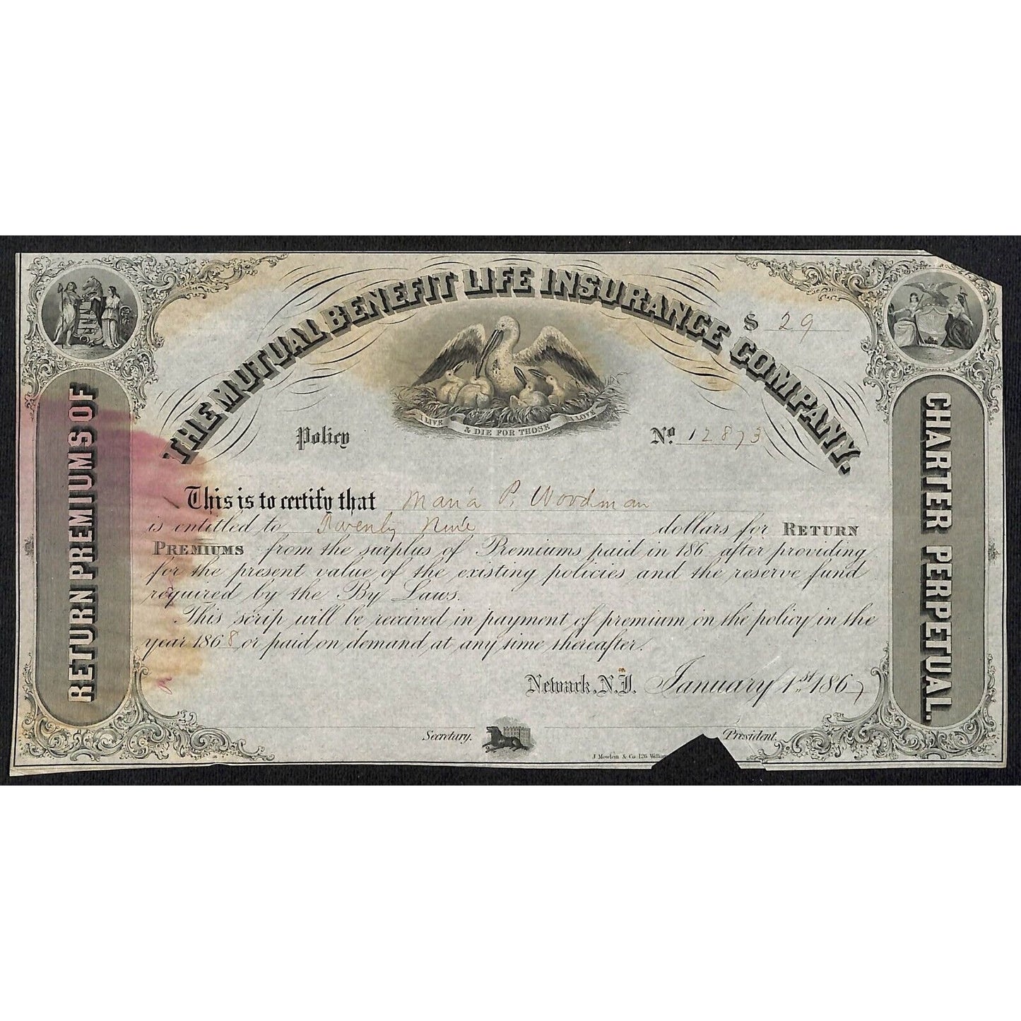 Mutual Benefit Life Insurance Co. 1867 Dividend Certificate to Mama? P. Woodman