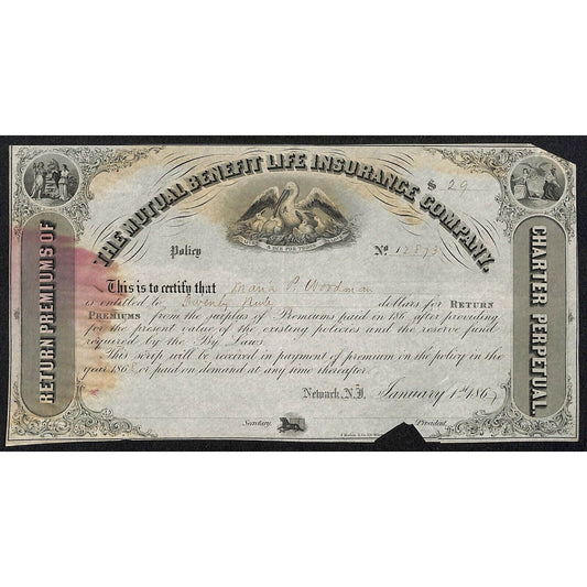 Mutual Benefit Life Insurance Co. 1867 Dividend Certificate to Mama? P. Woodman
