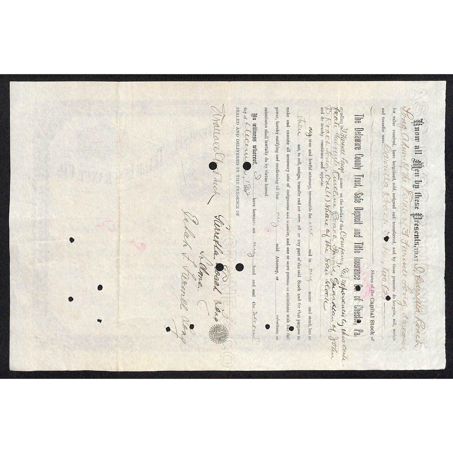 Delaware County Trust, Safe Deposit and Title Insurance 1896 Stock Certificate