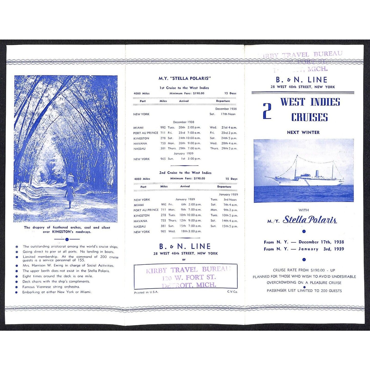 B&N Line NYC Stella Polaris West Indies 1938 Single Sheet Brochure Scarce
